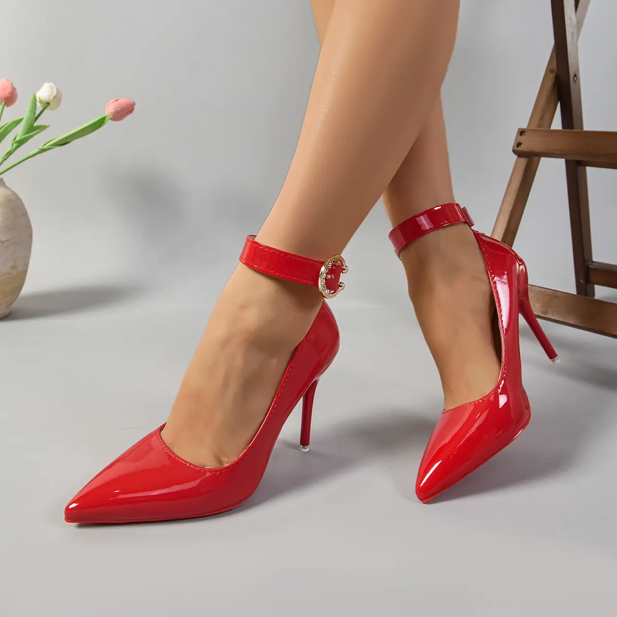 Aphixta Crystals Gold Buckle Strap Pimps Red Black High Stiletto Heels Pumps Women Party Shoes Pointed Toe Size 50
