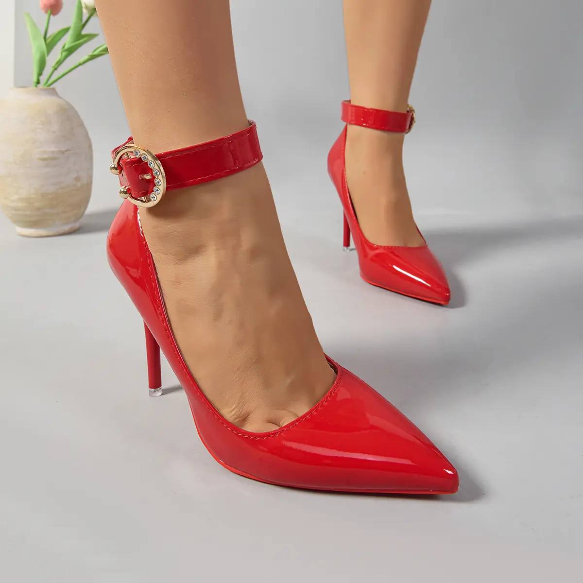 Aphixta Crystals Gold Buckle Strap Pimps Red Black High Stiletto Heels Pumps Women Party Shoes Pointed Toe Size 50