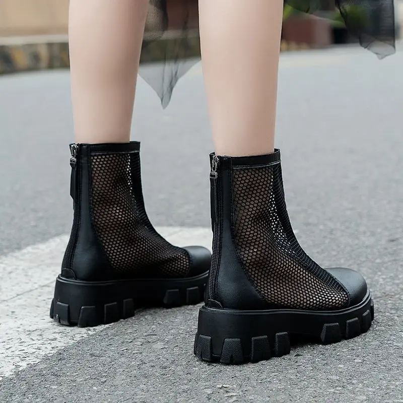 Aphixta Plus Big Size 42 43 Summer Breathable Platform Boots Lace-up 6cm Thick Sole Women Back Zipper Height Increasing Boots