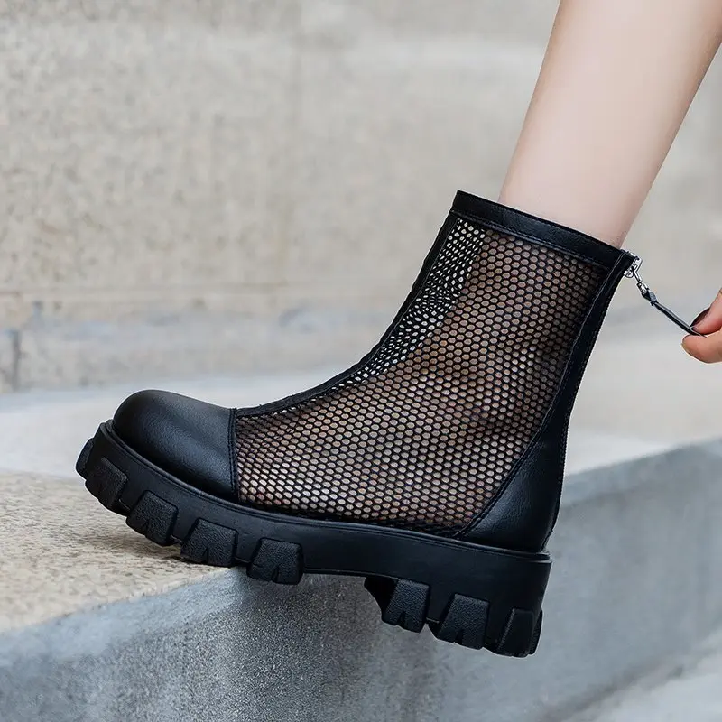 Aphixta Plus Big Size 42 43 Summer Breathable Platform Boots Lace-up 6cm Thick Sole Women Back Zipper Height Increasing Boots