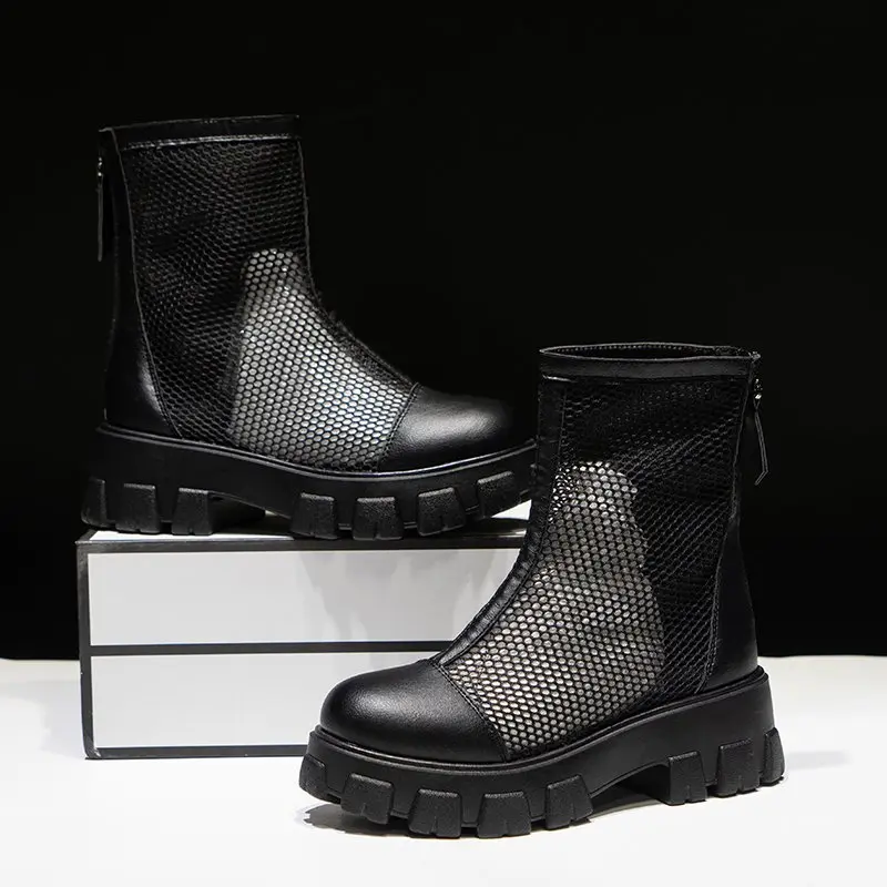 Aphixta Plus Big Size 42 43 Summer Breathable Platform Boots Lace-up 6cm Thick Sole Women Back Zipper Height Increasing Boots