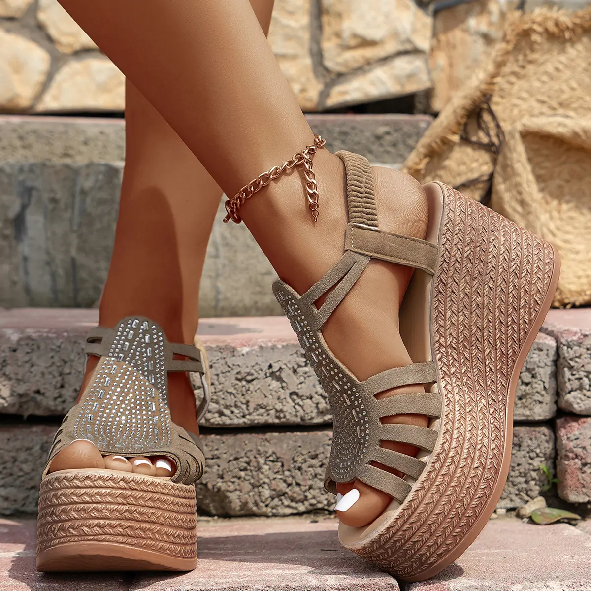 Aphixta Platform Sandals Super High Wedge Heel Woman Sandals Crystal Upper Women Summer Shoes Chunky Heel Sandals Big Size 43