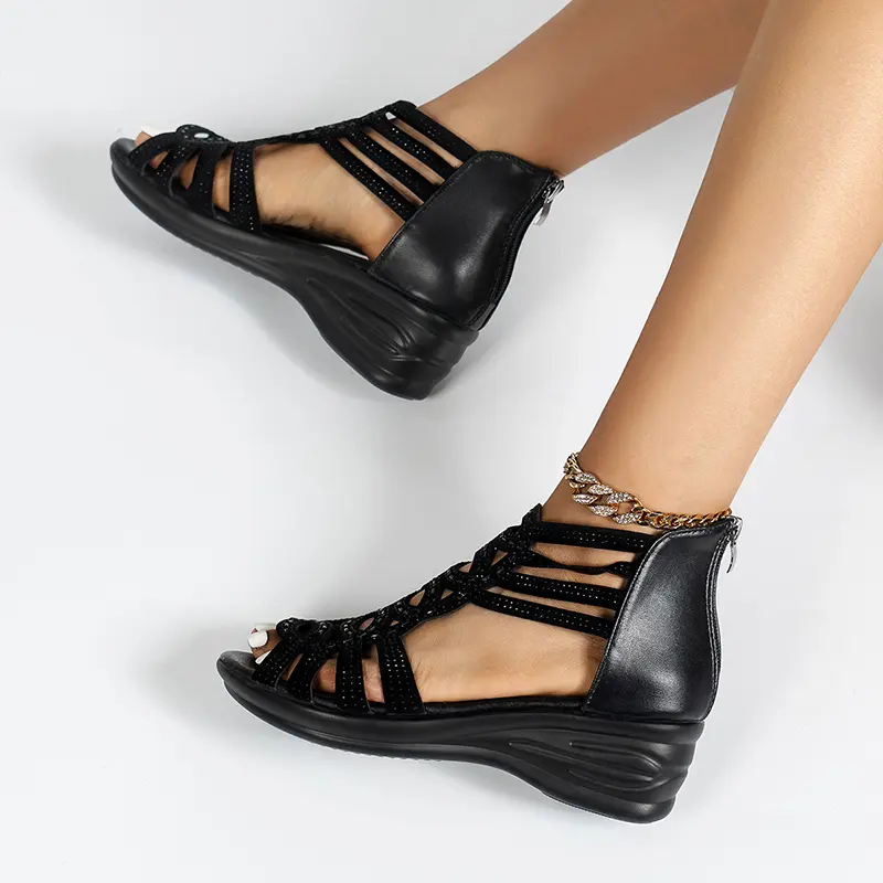 Aphixta Fashion Woman Gladiator Sandals Zip Close Peep Toe Women Summer Hollow Shoes Black Color Ladies Wedge Shoes Big Size 43