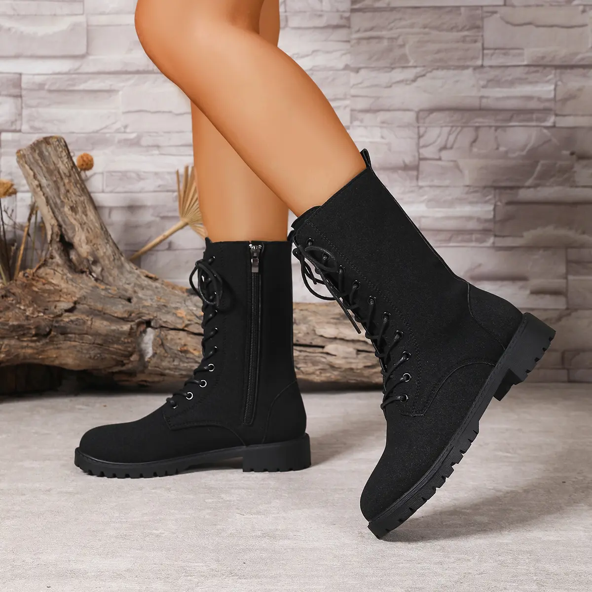 Aphixta Cross-tied Mid-Calf Woman Boots Classical Round Toe Women's Boots 3.5cm High Heels Women's Autumn Boot Shoes for Woman