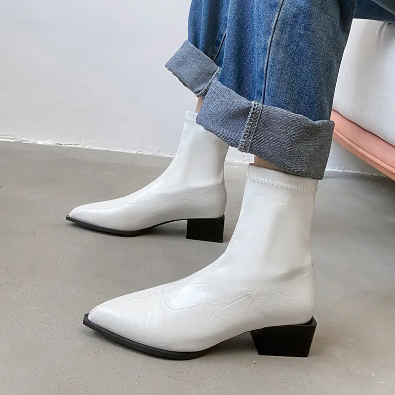 Aphixta Winter Warm Modern Boots Patent Leather Women Ankle Boots 3.5CM Square Heels Silver Lady Footwear Shoes Big Size 44