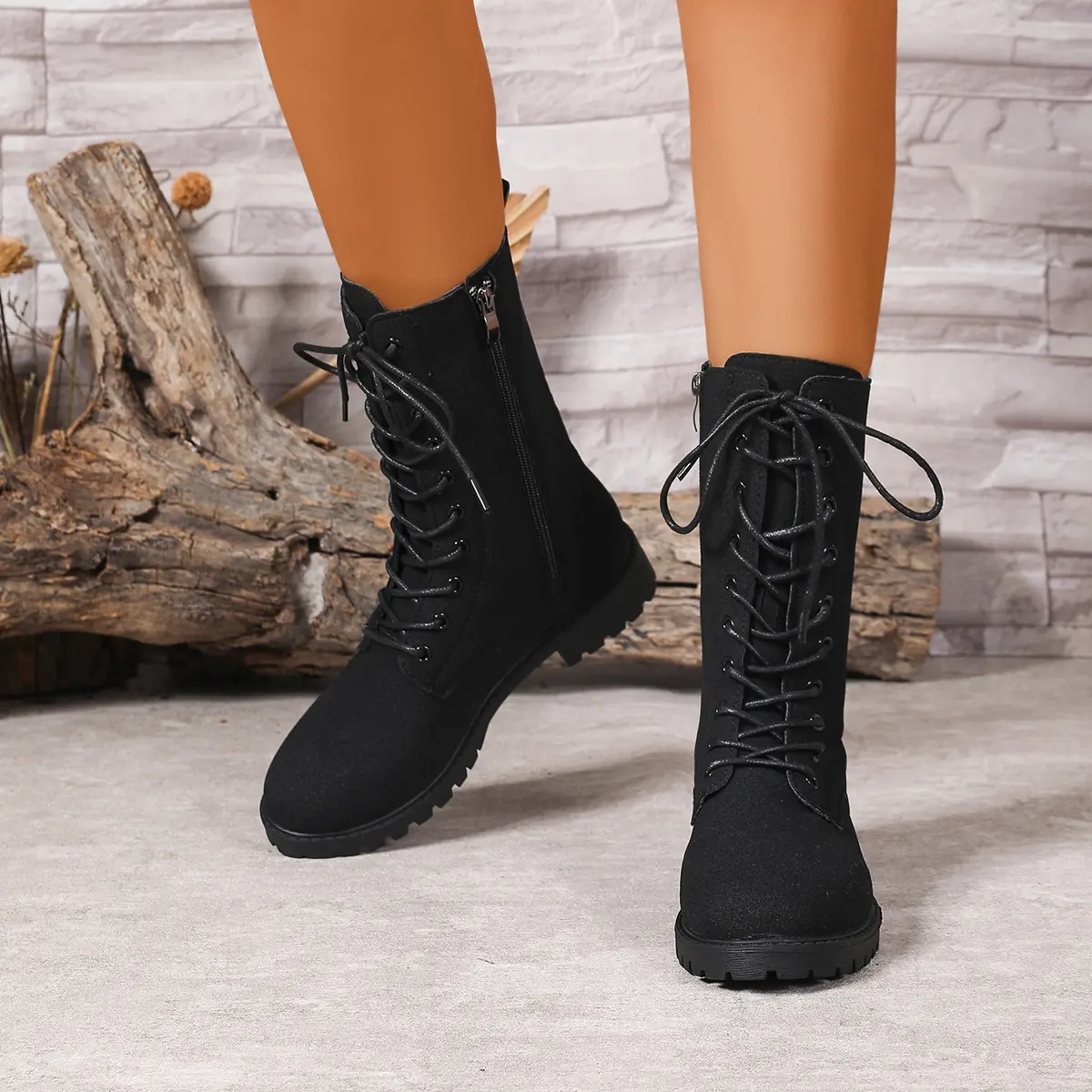 Aphixta Cross-tied Mid-Calf Woman Boots Classical Round Toe Women's Boots 3.5cm High Heels Women's Autumn Boot Shoes for Woman