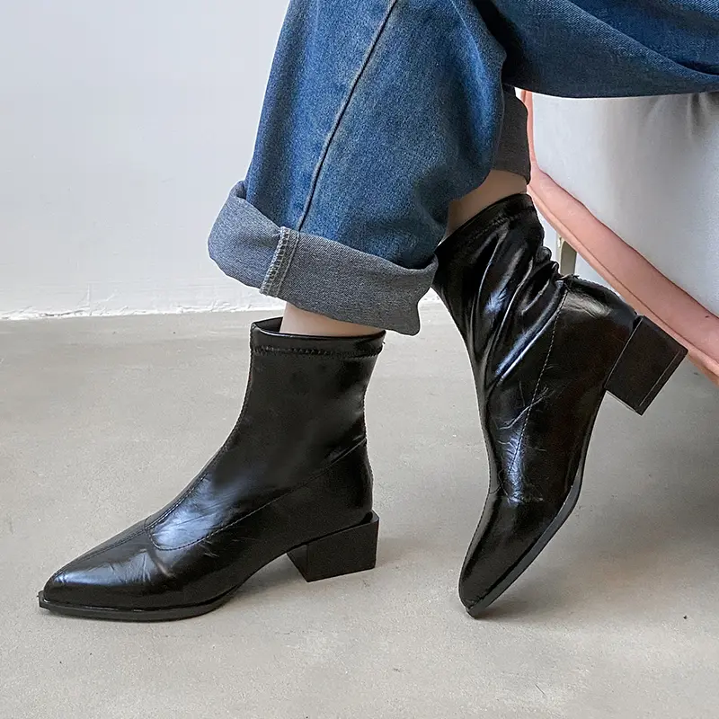 Aphixta Winter Warm Modern Boots Patent Leather Women Ankle Boots 3.5CM Square Heels Silver Lady Footwear Shoes Big Size 44