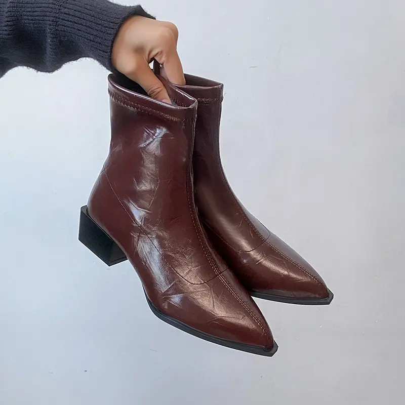 Aphixta Winter Warm Modern Boots Patent Leather Women Ankle Boots 3.5CM Square Heels Silver Lady Footwear Shoes Big Size 44