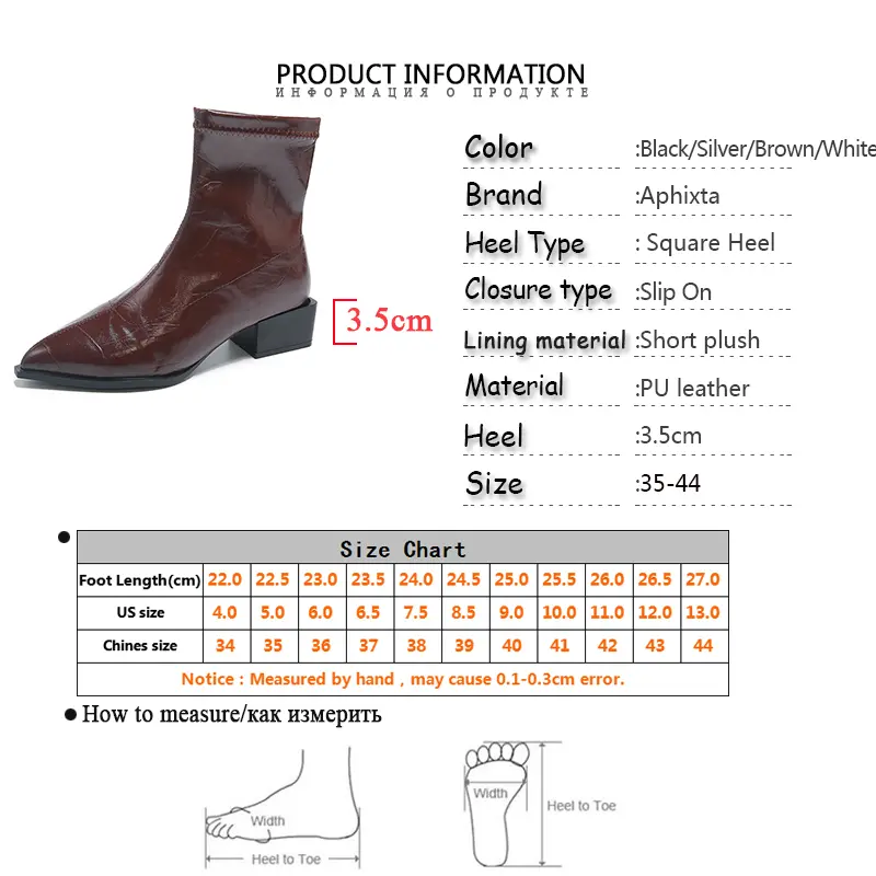 Aphixta Winter Warm Modern Boots Patent Leather Women Ankle Boots 3.5CM Square Heels Silver Lady Footwear Shoes Big Size 44