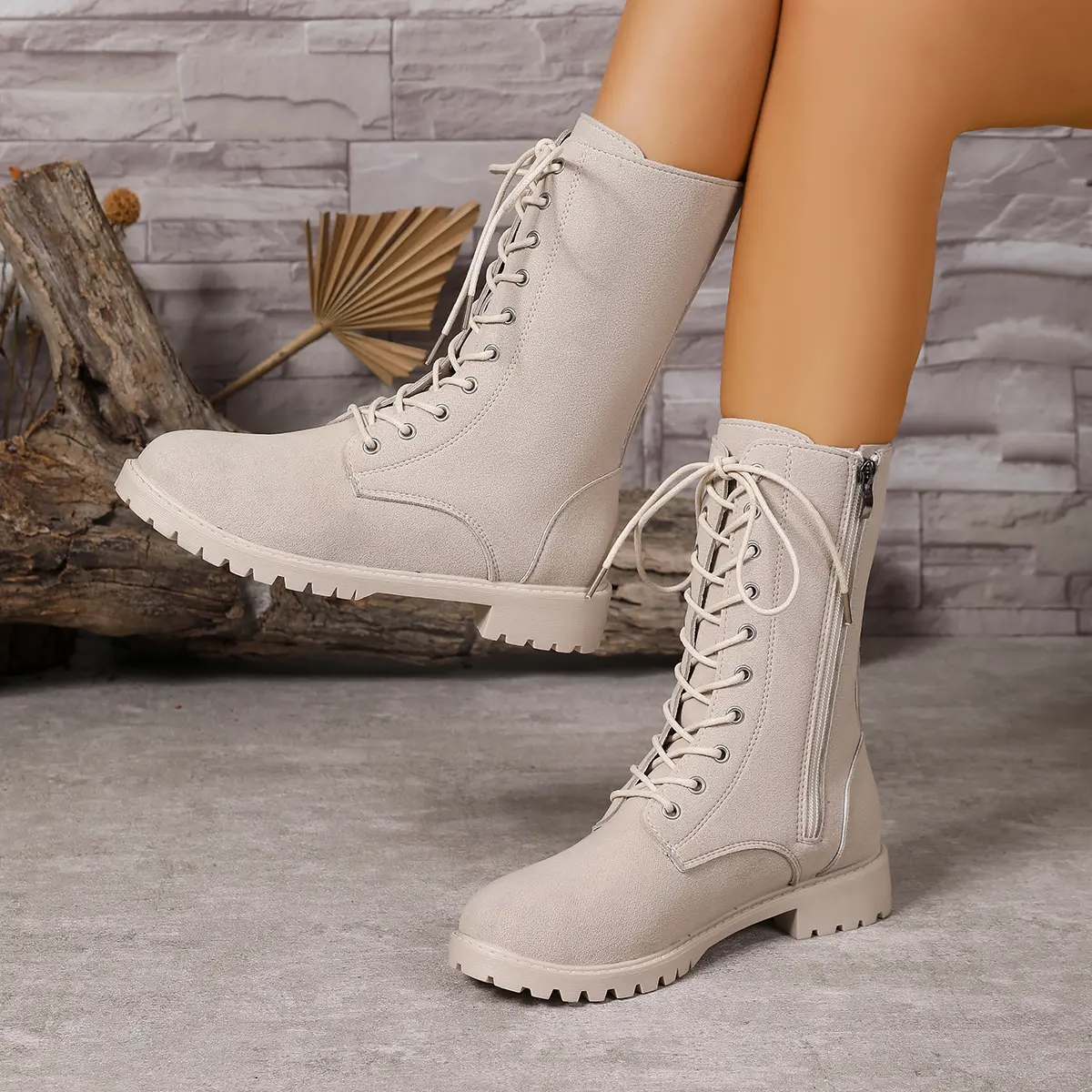 Aphixta Cross-tied Mid-Calf Woman Boots Classical Round Toe Women's Boots 3.5cm High Heels Women's Autumn Boot Shoes for Woman