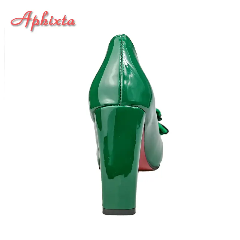 Aphixta 2024 New 10cm Square Heel Double Layer Dark Green Flowers Shoes Women Pumps Party Officile Pointed Toe Plus Size 50