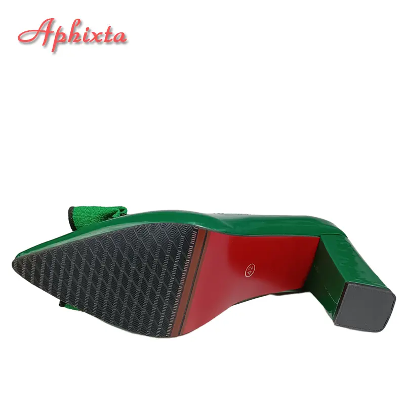 Aphixta 2024 New 10cm Square Heel Double Layer Dark Green Flowers Shoes Women Pumps Party Officile Pointed Toe Plus Size 50