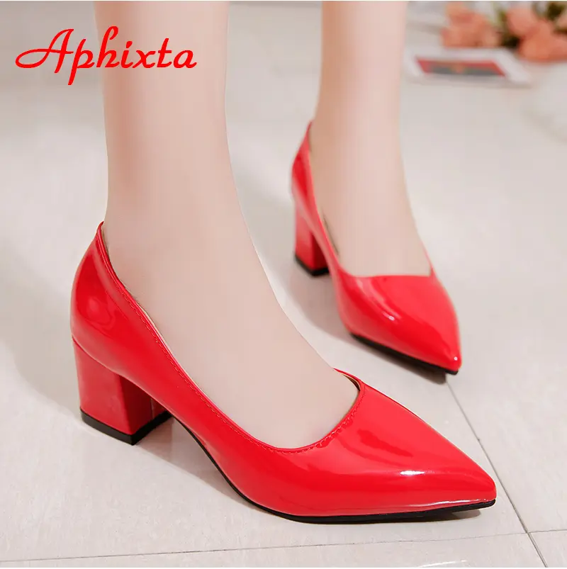 Aphixta 5cm Square Heels Patent Leather Red Pumps Shoes Woman Classics Pointed Toe Dress Official Pumps Party Plus Size 49 50