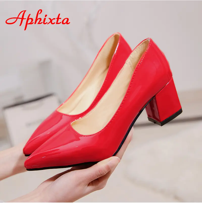 Aphixta 5cm Square Heels Patent Leather Red Pumps Shoes Woman Classics Pointed Toe Dress Official Pumps Party Plus Size 49 50