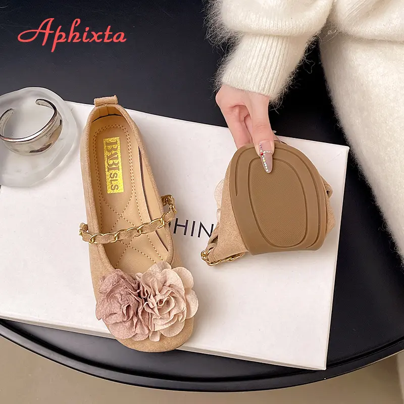 Aphixta Big Flowers Woman Flats Metal Chain Women Loafers Suede Soft Woman Casual Shoes for Women Ladies Shoes zapatos mujer