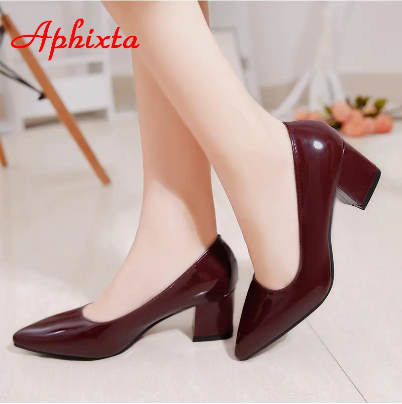 Aphixta 5cm Square Heels Patent Leather Red Pumps Shoes Woman Classics Pointed Toe Dress Official Pumps Party Plus Size 49 50