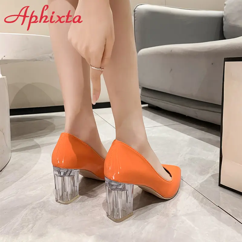Aphixta 7cm High Heels Women Lady Orange Leather Pumps Female Wedding Green Transparent Shoes Drop Shipping Plus Size  30-50
