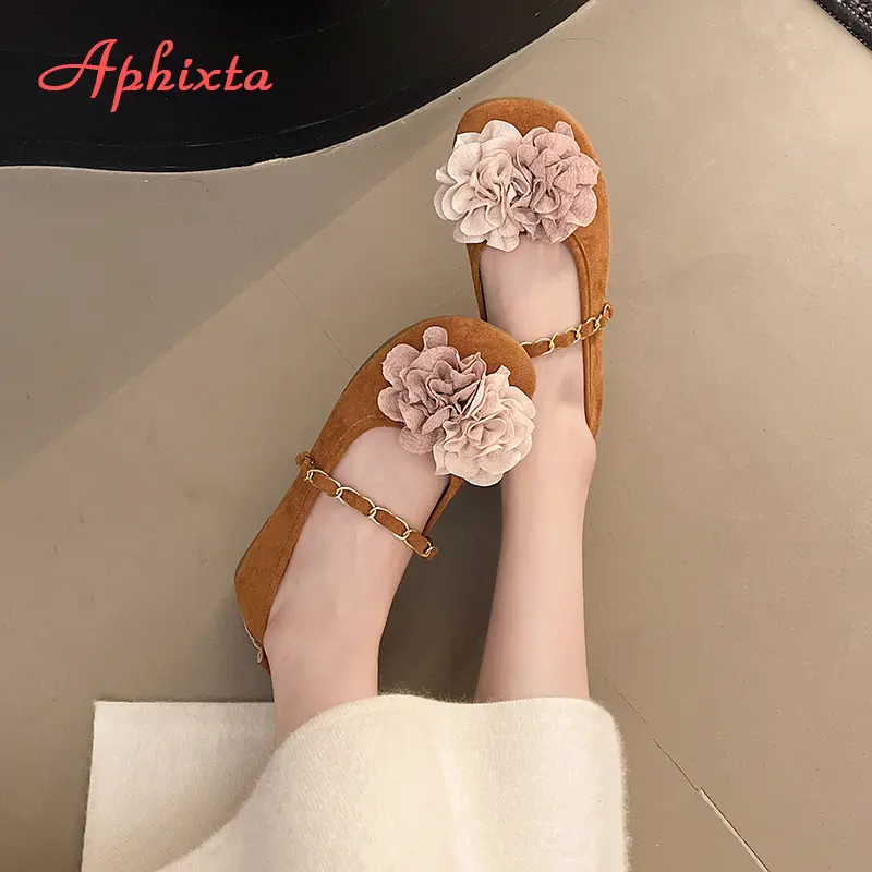 Aphixta Big Flowers Woman Flats Metal Chain Women Loafers Suede Soft Woman Casual Shoes for Women Ladies Shoes zapatos mujer