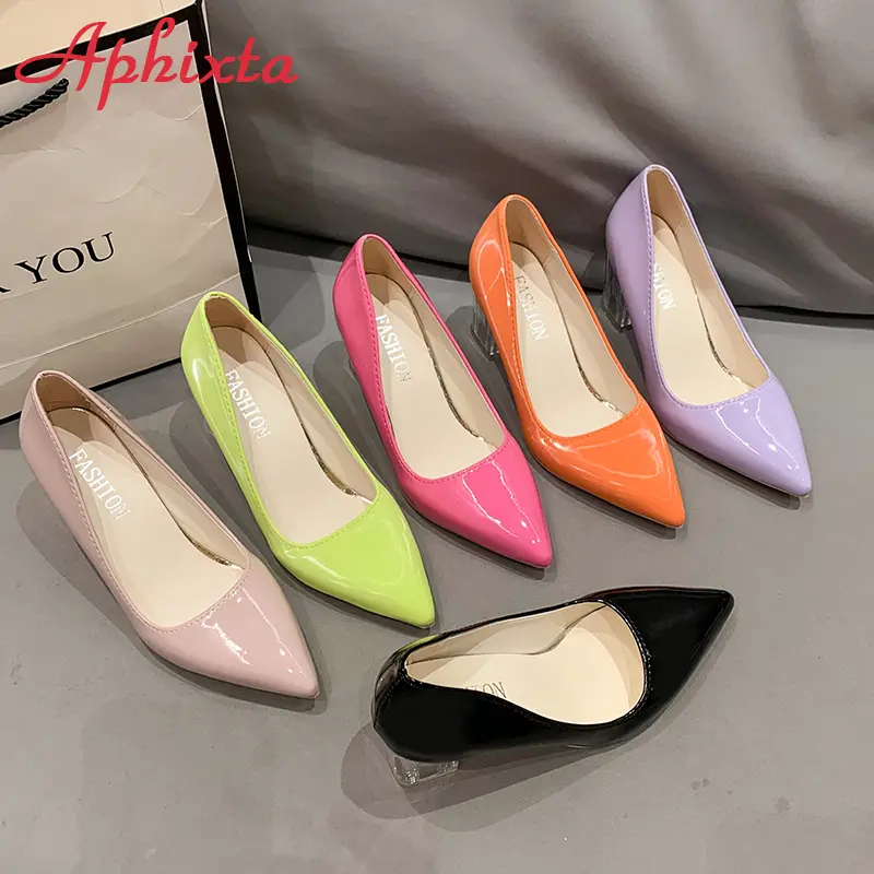 Aphixta 7cm High Heels Women Lady Orange Leather Pumps Female Wedding Green Transparent Shoes Drop Shipping Plus Size  30-50
