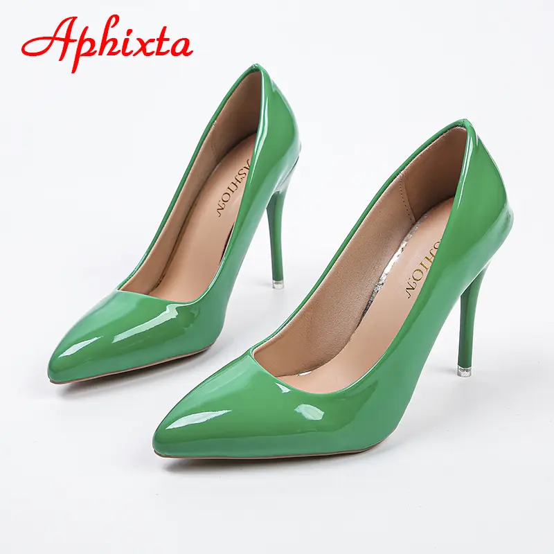 Aphixta 2023 Green Super High 3.94inch Stiletto Heels Women's Pumps Thin Heels Pointed Toe Colorful Patent Leather Office Shoes