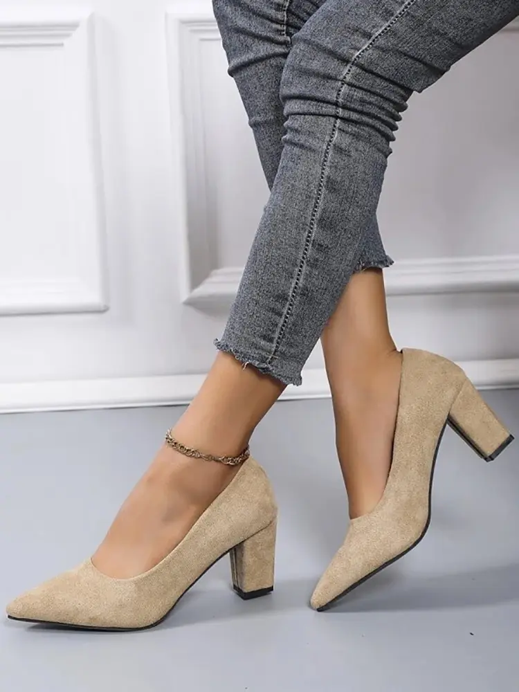 Aphixta 2025 New 7cm Chunky Heels Women Pumps Shoes Students And Mom Beige Suede Wedding Party Leisure Square Heels Plus Size