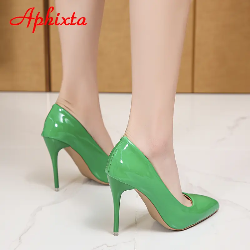 Aphixta 2023 Green Super High 3.94inch Stiletto Heels Women's Pumps Thin Heels Pointed Toe Colorful Patent Leather Office Shoes