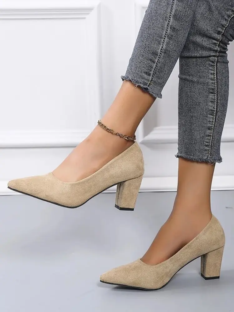 Aphixta 2025 New 7cm Chunky Heels Women Pumps Shoes Students And Mom Beige Suede Wedding Party Leisure Square Heels Plus Size