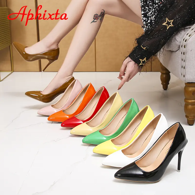 Aphixta 2023 Green Super High 3.94inch Stiletto Heels Women's Pumps Thin Heels Pointed Toe Colorful Patent Leather Office Shoes