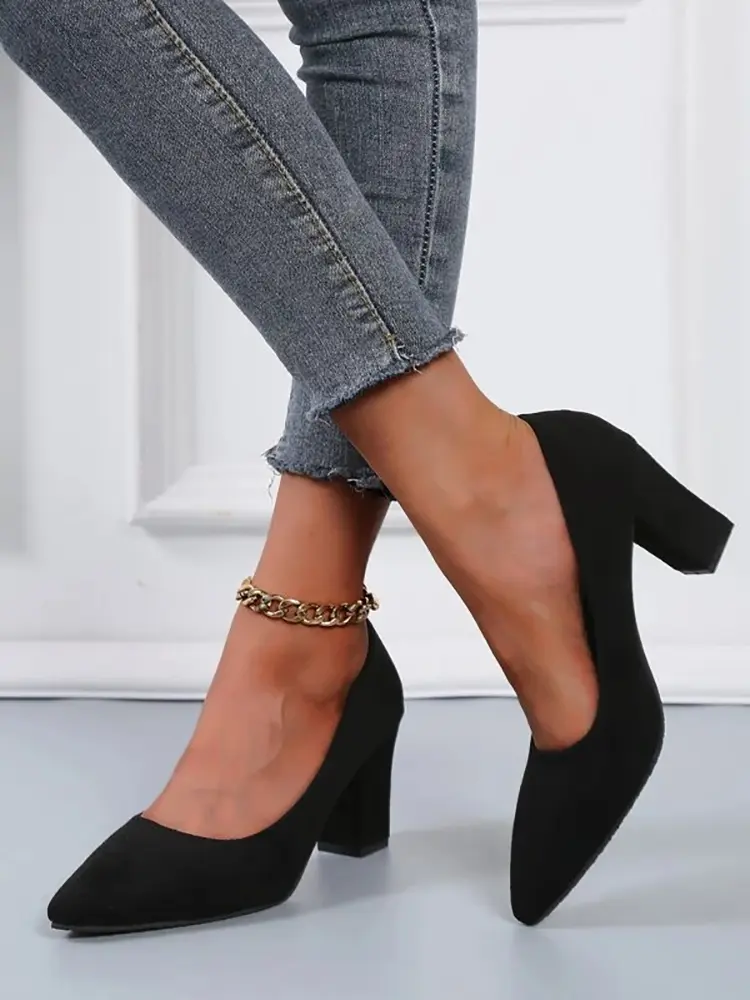 Aphixta 2025 New 7cm Chunky Heels Women Pumps Shoes Students And Mom Beige Suede Wedding Party Leisure Square Heels Plus Size