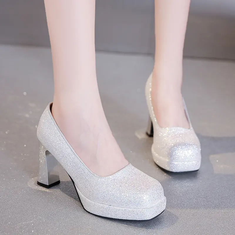 Aphixta 7cm Square Heels Silver Pump Women Luxury Wedding Pumps Shoes Square Heels Office Pump Big Size 44 Heeled Shoes Woman