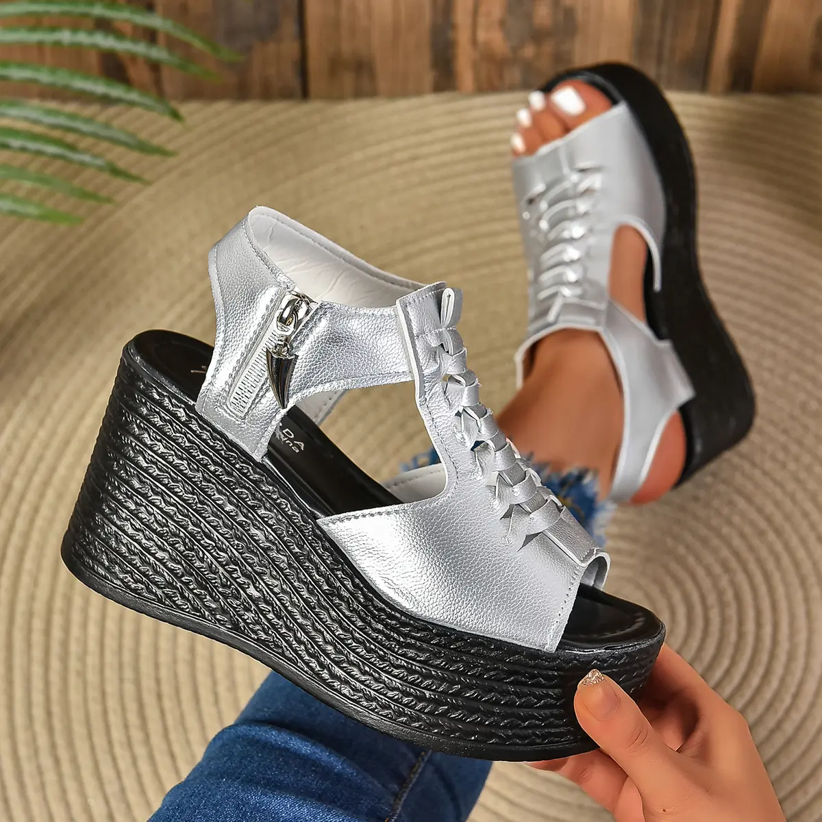 Aphixta Silver Peep Toe Wedge Heel Sandals Zipper Design Platform Sandals Women Casual Mesh Upper Breathable Shoes Plus Size 43
