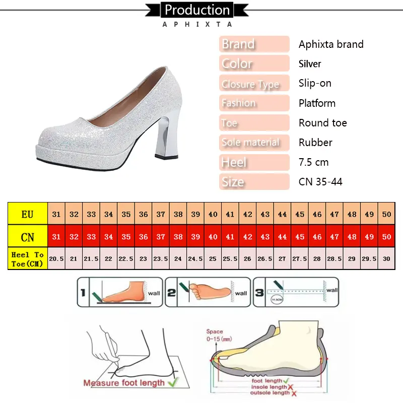 Aphixta 7cm Square Heels Silver Pump Women Luxury Wedding Pumps Shoes Square Heels Office Pump Big Size 44 Heeled Shoes Woman