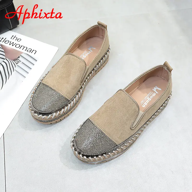 Aphixta Fashion Crystals Luxury Design Flats Shoes Women Hand Sewing Slip-on Flat Platform Footwear Female Loafers
