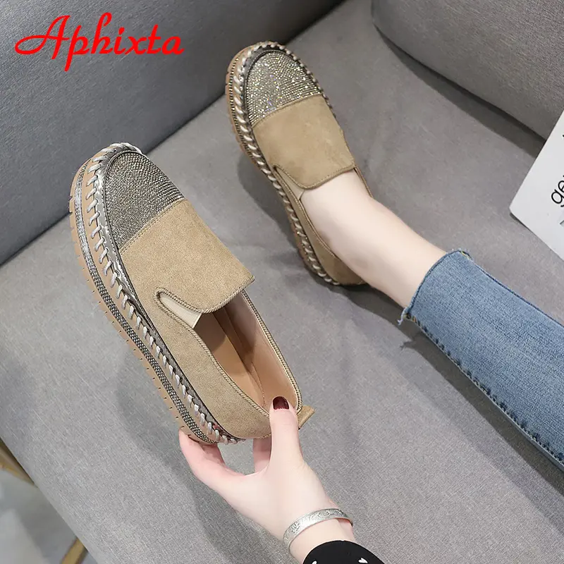 Aphixta Fashion Crystals Luxury Design Flats Shoes Women Hand Sewing Slip-on Flat Platform Footwear Female Loafers