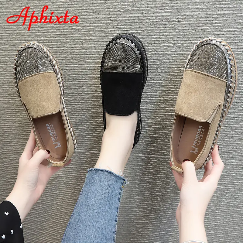 Aphixta Fashion Crystals Luxury Design Flats Shoes Women Hand Sewing Slip-on Flat Platform Footwear Female Loafers