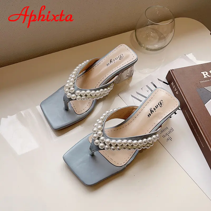 Aphixta Summer Flip Flops Women 6cm Square Heels String Bead Outside Fashion Beach Transparent Chunky Heels Slides Shoes