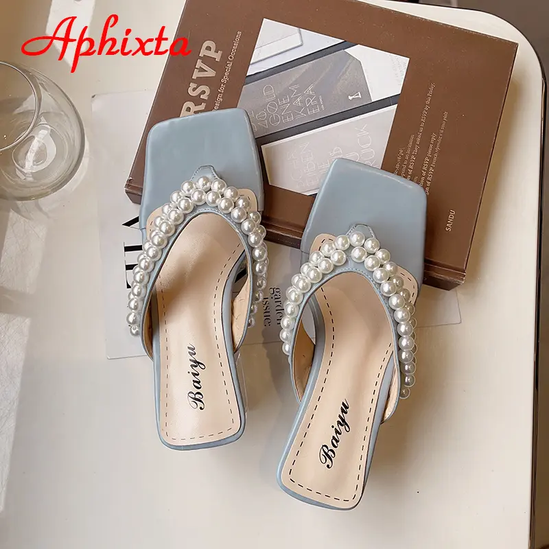Aphixta Summer Flip Flops Women 6cm Square Heels String Bead Outside Fashion Beach Transparent Chunky Heels Slides Shoes