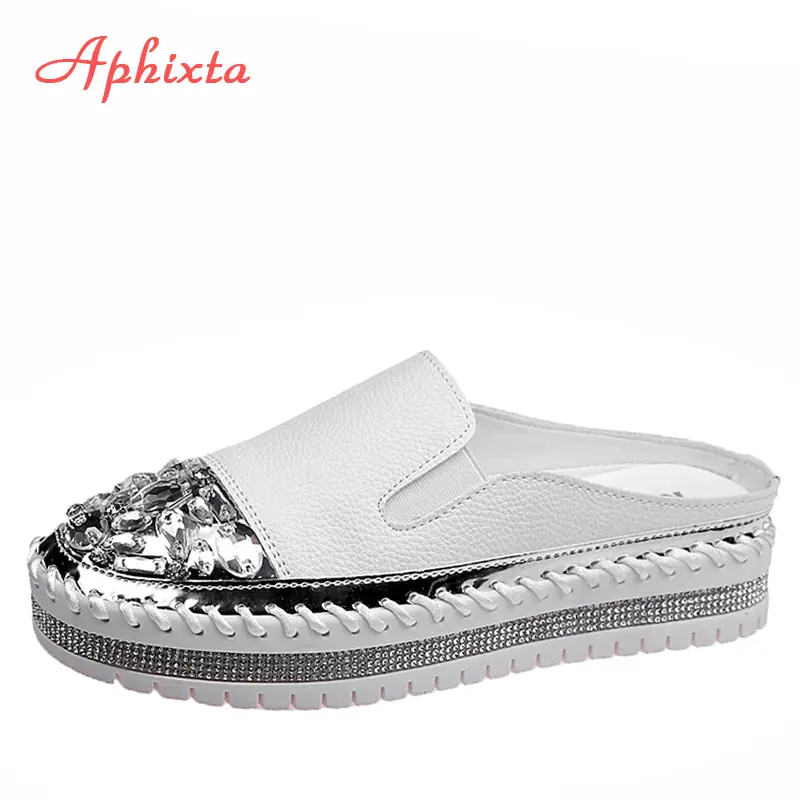 Aphixta 2024 Luxury Crystals Half Slides Women Bling Rubber Diamond Women Shoes Hand Stitching Platform Slippers For Women