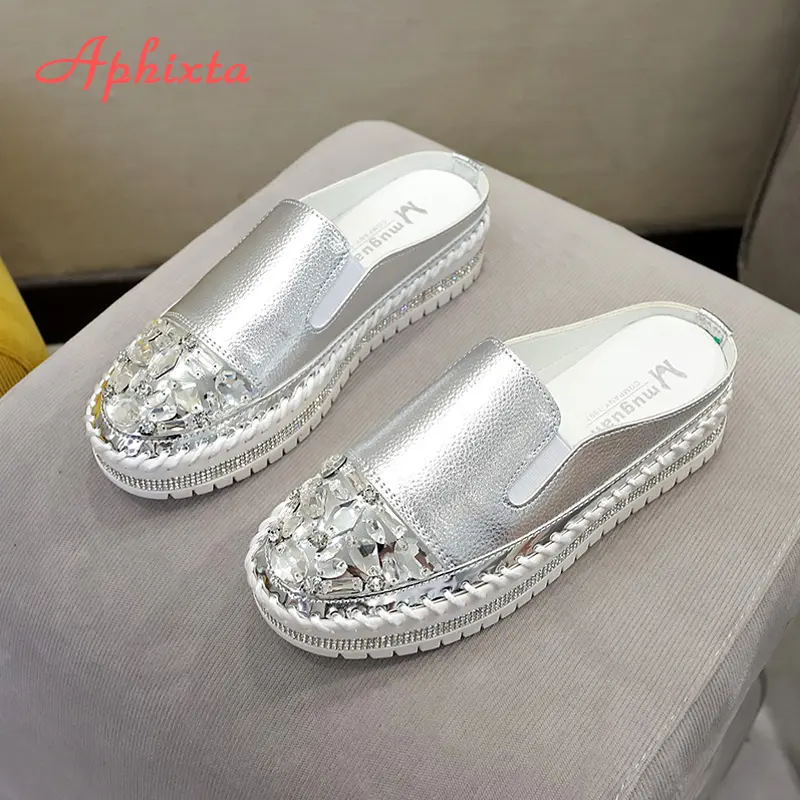 Aphixta 2024 Luxury Crystals Half Slides Women Bling Rubber Diamond Women Shoes Hand Stitching Platform Slippers For Women