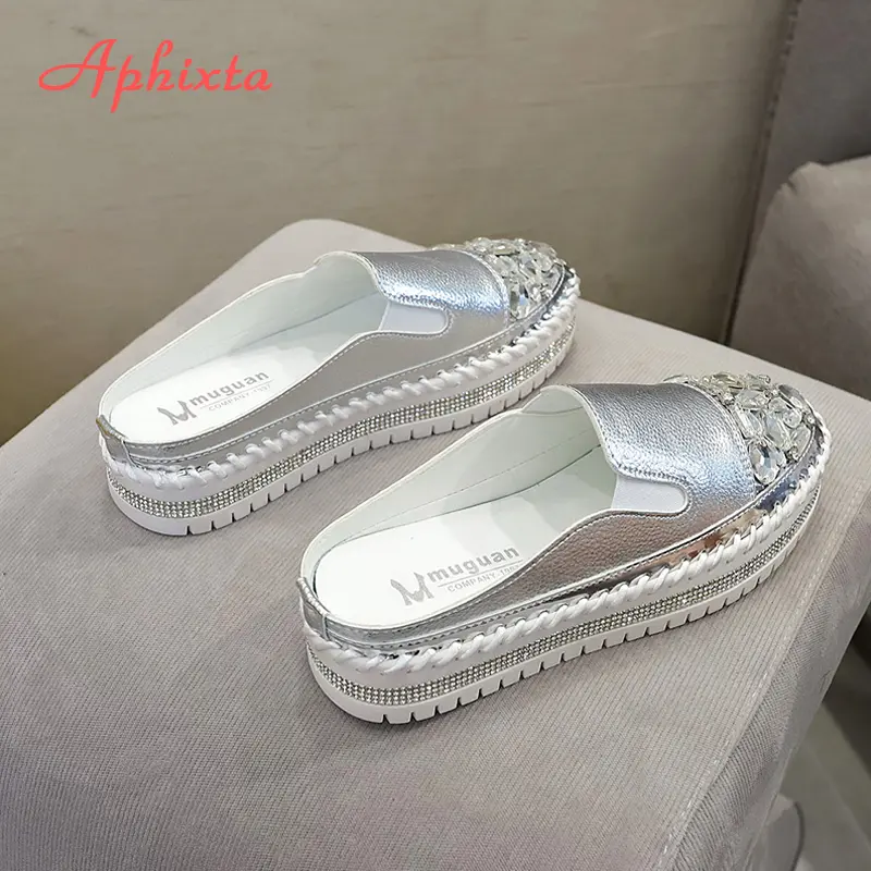 Aphixta 2024 Luxury Crystals Half Slides Women Bling Rubber Diamond Women Shoes Hand Stitching Platform Slippers For Women