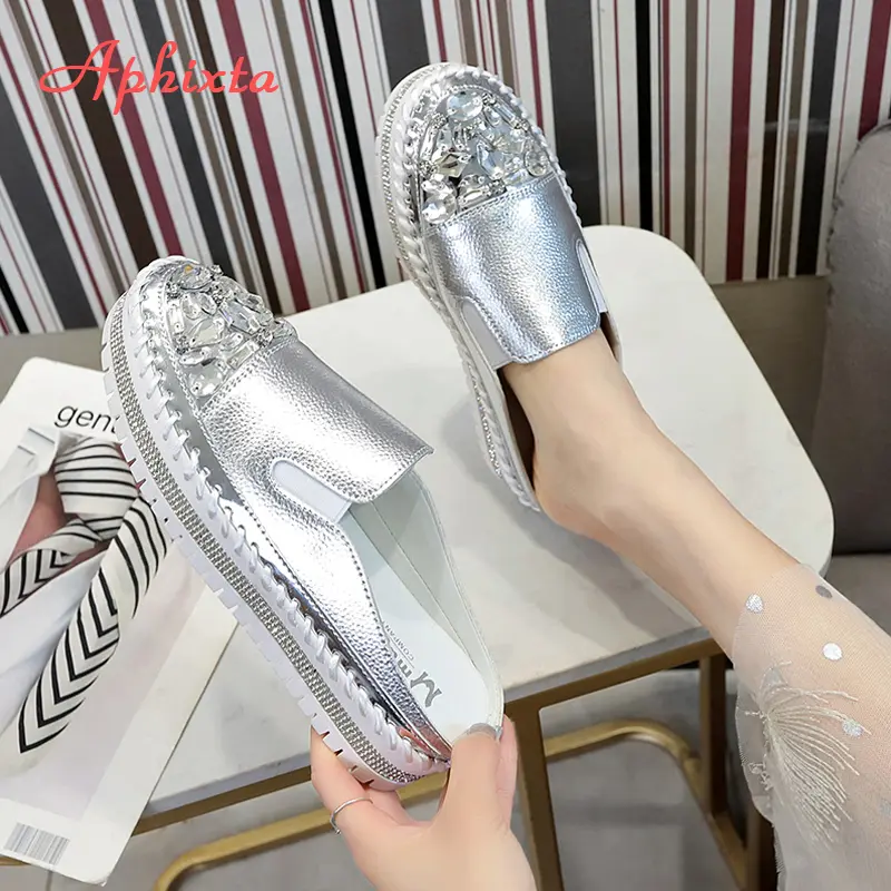 Aphixta 2024 Luxury Crystals Half Slides Women Bling Rubber Diamond Women Shoes Hand Stitching Platform Slippers For Women