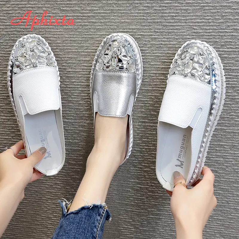 Aphixta 2024 Luxury Crystals Half Slides Women Bling Rubber Diamond Women Shoes Hand Stitching Platform Slippers For Women