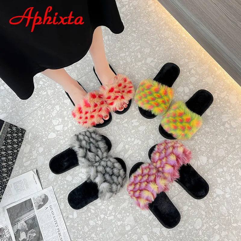 Aphixta 2025 Winter Home Cotton Shoes Women Faux Fur Soft Warm Indoor Colorful Slipper Flip Flops Mules Female Big Size 42 43