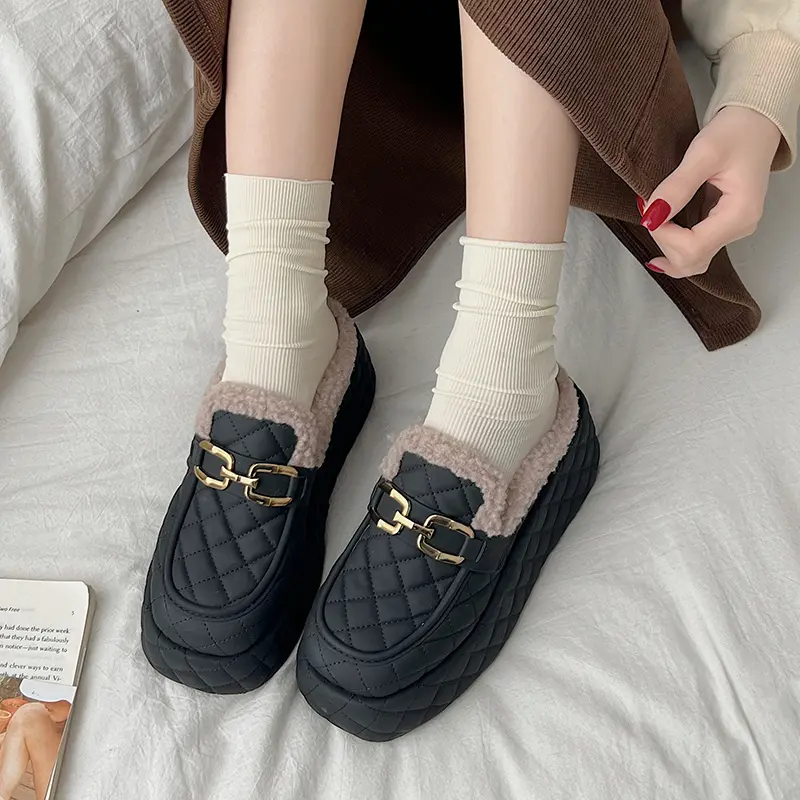 Aphixta 8cm Platform Metal Buckle Design Slippers Women Wedge Slides Women Shoes Checkered Furry Slides Slip On Winter Shoes