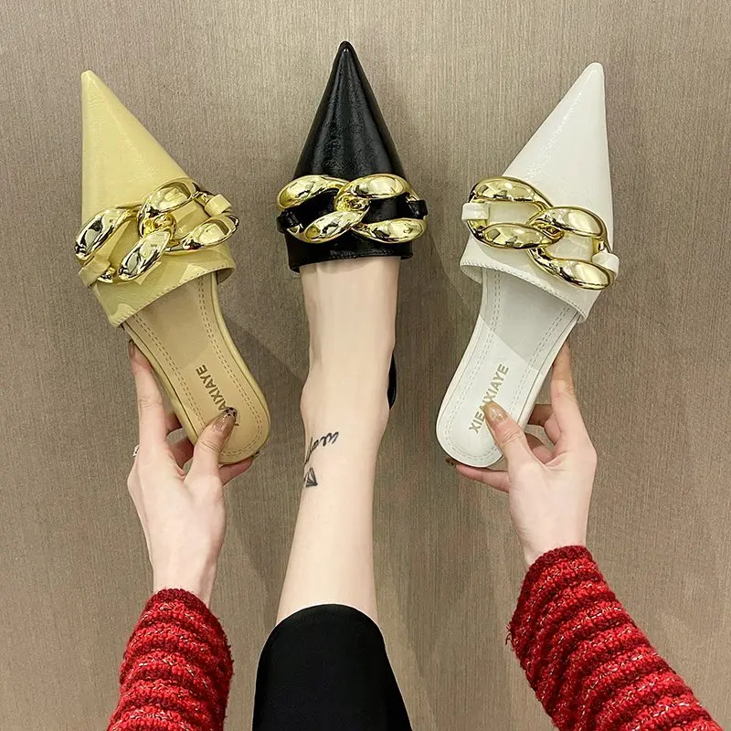 Aphixta 2021 Fashion New Big Chain Mules Women Slides Pointed Toe Ladies Shoes Summer Footwear Slippers