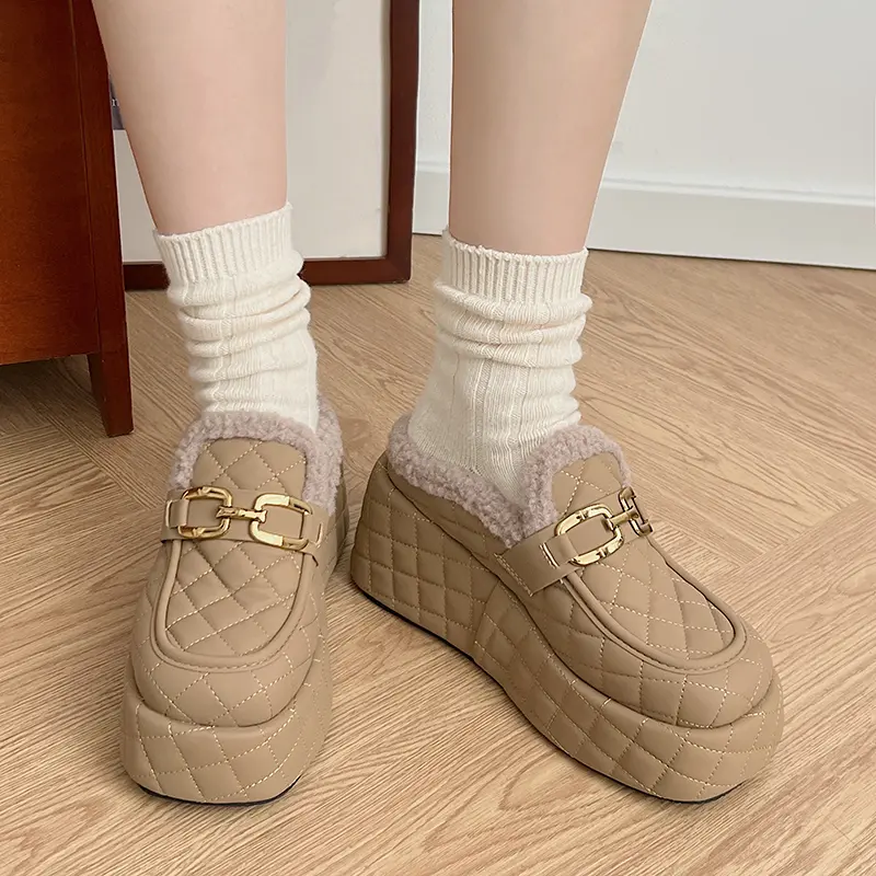 Aphixta 8cm Platform Metal Buckle Design Slippers Women Wedge Slides Women Shoes Checkered Furry Slides Slip On Winter Shoes
