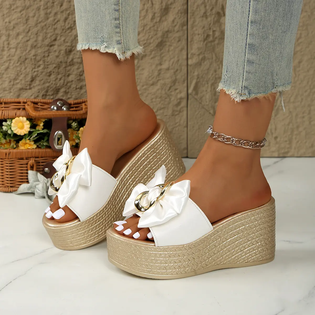 Aphixta Gold Sole 9cm Wedge Heels Slippers Bow Metal Decoration Mulers High Heels Platform Sandals Clog Shoe Slides Plus Size 43