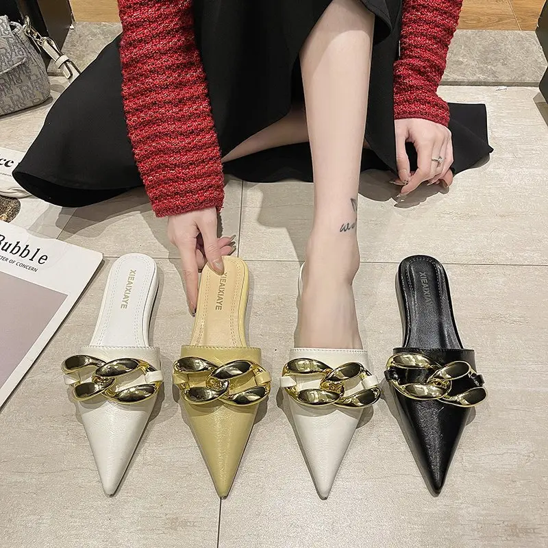Aphixta 2021 Fashion New Big Chain Mules Women Slides Pointed Toe Ladies Shoes Summer Footwear Slippers