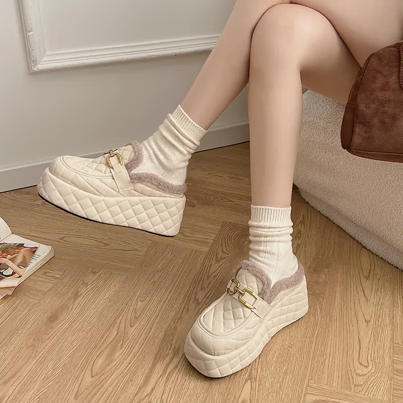 Aphixta 8cm Platform Metal Buckle Design Slippers Women Wedge Slides Women Shoes Checkered Furry Slides Slip On Winter Shoes