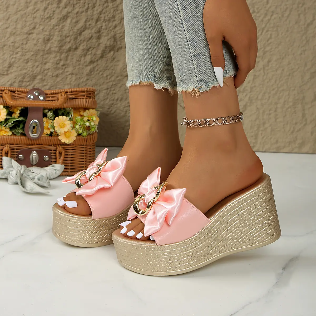 Aphixta Gold Sole 9cm Wedge Heels Slippers Bow Metal Decoration Mulers High Heels Platform Sandals Clog Shoe Slides Plus Size 43